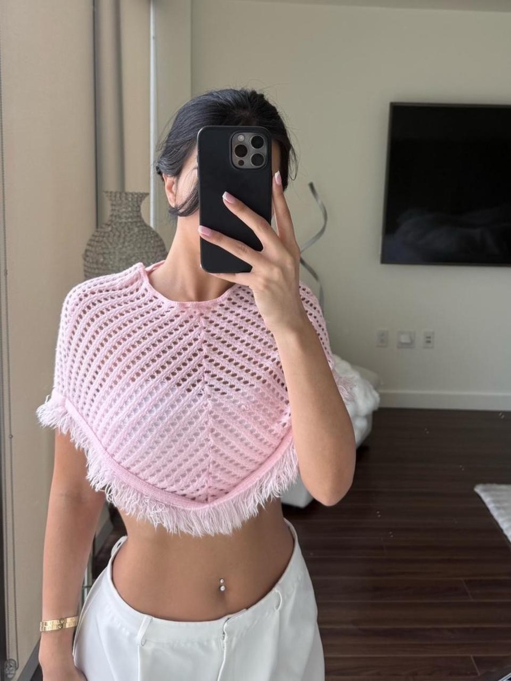 Crochet Fringe Pink Poncho Crop Top